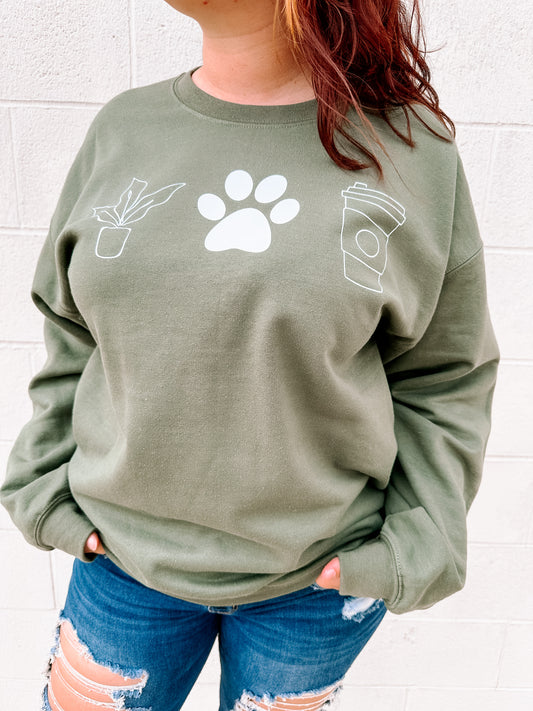 "Plants. Coffee. Dogs." Sweatshirt